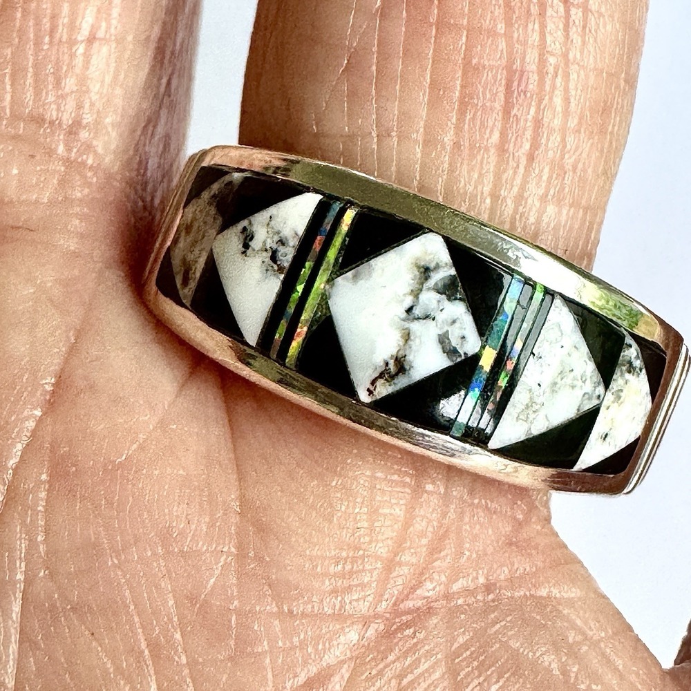 Navajo Inlay Wedding Band Ring Sz 11 Opal White Buffalo 9mm Mens Signed Tolino‎